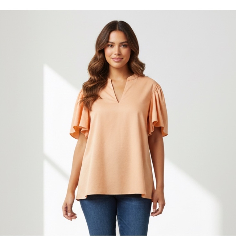 Chico’s Peach Coral Flutter Sleeve V-Neck Tunic Blouse Cotton Blend 3 XL 14